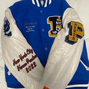 Men’s Authentic Blue/ White Heron Preston 
NYC Varsity Jacket Size L